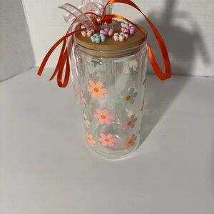Floral Glass Jar with Orange Ribbon